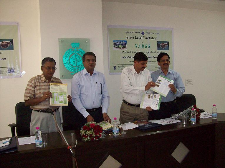 Release of NADRS brochures. L-R (Sh. M.Moni, DDG, NIC Hq, Sh. Hardeep Kumar, IAS, FC & PS AH&D, Dr. KS Dangi, DG AH&D,Sh. G.S Bansal, SIO NIC Haryana)
