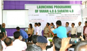Mr.Ashikho Phuzhe, Sr. Citizen of Dimapur clicks the button to launch the Vahan 4.0 & Sarathi 4.0 on 19/06/2018