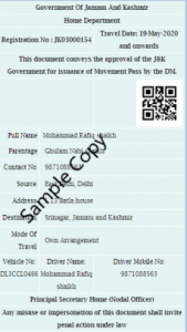 Sample  copy of the e-Pass Generated through the Web Portal