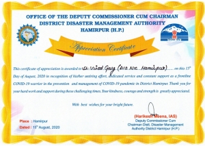 Covid Warrior Certificate Awarded to Sh. Vinod Kumar, DIO Hamirpur