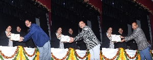 L-R Sri A K Dadhichi, Sr Technical Director, Sri A K Arya, Sr Technical Director, Sri Manish Jugran, Technical Director receiving State Awards